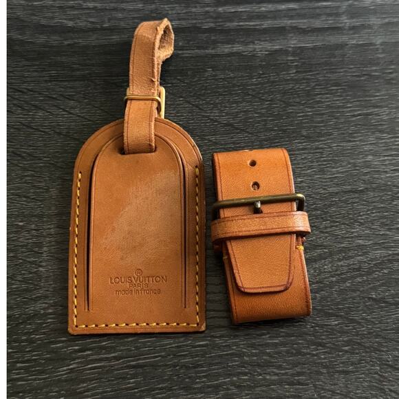 Authentic Louis Vuitton Vachetta Leather Name Luggage Tag And Poignet Set SN929 - Picture 1 of 5